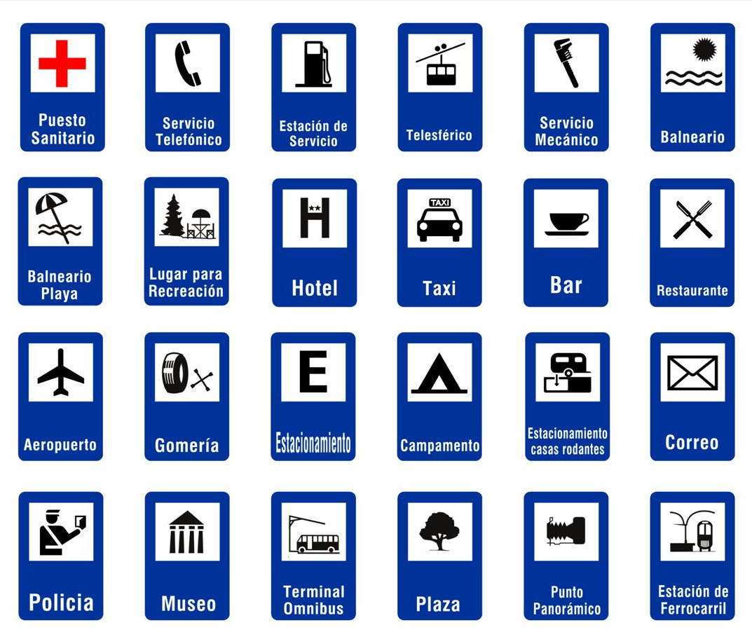 Señales informativas de tránsito: indicadores de destino, sentido de circulación, velocidad mínima y señales de servicio en rutas